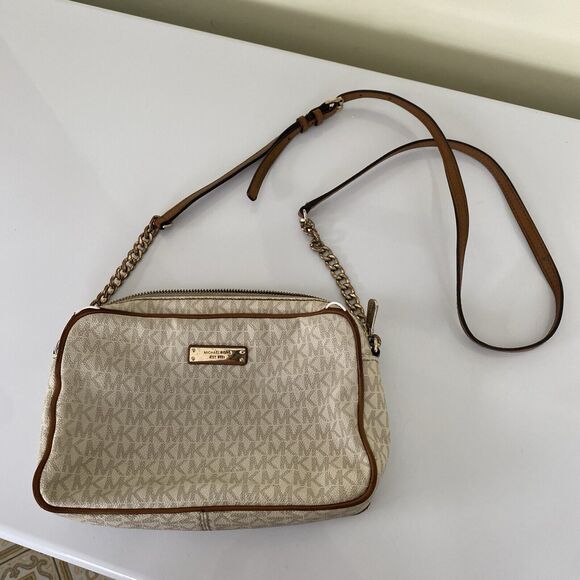 Michael Kors Jet Set Printed Logo Crossbody Bag Purse Beige MK